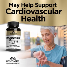 Windmill Natural Vitamins Magnesium Citrate 400 mg, Immune Support, Supports Healthy Heart, 60 Count, 30 Servings