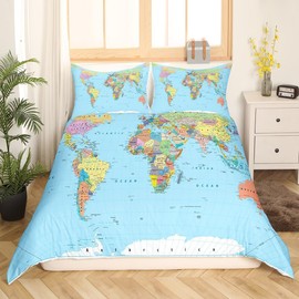 Homewish World Map Duvet Cover Single Multicolored Bedding Set 3D Geography Blue Ocean Bedroom Decor Comforter Cover America Europe Asia Africa Quilt Cover