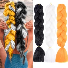 Jumbo Braiding Hair Extensions 24 Inch Colored Long Braids Hair Pre Stretched High Temperature Synthetic Fiber Twist Crochet Ombre Jumbo Braiding for Women Girls (Black White Yellow)