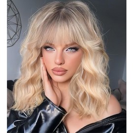 KOME Bob Rizado Peluca Con Flequillo Corto Ondulado Rubio Ombre Pelucas Para Mujer Corte De Pelo Lob Sintético Resistente Al Calor Pelucas Bob 14In...