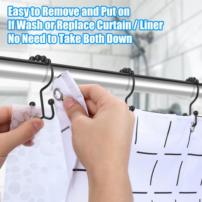 Shower Curtain Hooks,Double Sided Black Shower Curtain Hooks Rust Proof,Set