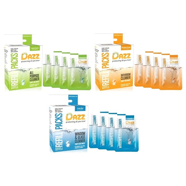 Dazz Whole House Refill Pack (4 Of Each Product - 12 Total) Natural Cleaning Tablets - All Purpose Cleaner, Glass and Window Cleaner, and Bathroom Cleaner - Eco Friendly, Non Toxic