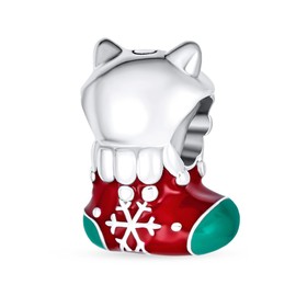 Holiday Fun Animal Pet Lover Kitten Red Green Stocking Christmas Cat Charm Bead For Women Teen Enamel .925 Sterling Silver Fits European Bracelet