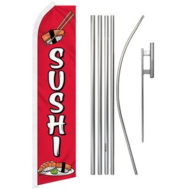 Sushi Red Swooper Advertising Flag & Pole Kit - Perfect for Store Fronts, Cafes, Retailers, Shops, Food Trucks, Events, Fairs, Restaurants
