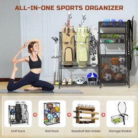BOEASTER BOEASTER Garage Sports Equipment Organizer,3 Golf Bags Storage Stand,Heavy-Duty Ball Storage Rack with Basket and Hooks,Space-Saving Design for Toy Sports Gear Storage Indoor/Outdoor Use