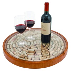 True Wine Cork Collector Lazy Susan Turntable, Wooden and Glass Storage for 130 Corks, Tabletop or Countertop Organization, Set of 1