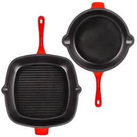 Berghoff 2Pc Neo Enameled Cast Iron Cookware Set, Grill Pan 11 Inches, Fry Pan 10 Inches, Oven Safe Up To 400°F, Red