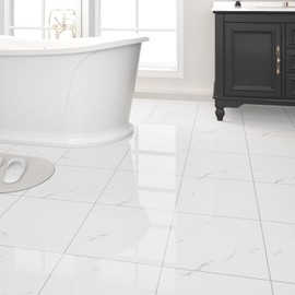 20-Pack Peel and Stick Floor Tiles Vinyl Floor 12 x 12 inch Self Adhesive Waterproof Glossy Flooring Planks DIY for Bathroom, Kitchen, Living Room, RV, Cover 20 Sq. Ft, Polish White Marble