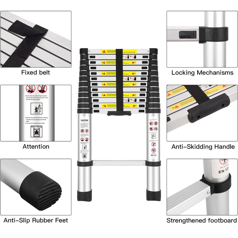 Telescoping Ladders, (12.5Ft/3.8M) EN131 Standards Aluminum Extension Ladder, Extension for