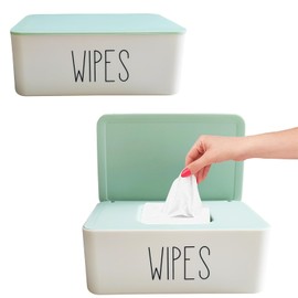 2 Pack Baby Wipes Container, 7.28" L * 4.80" W * 2.75" H, Moorfowl Flushable Wipes Dispenser Holder for Bathroom Baby Essentials, Green Lid White Base