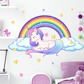 Unicorn Wall Decals Art Rainbow Wall Decals Waterproof Unicorn Wall Stickers with Star Cloud Peel and Stick Rainbow Stickers for Girls Kids Bedroom Nursery Playroom Decor (Unicorn)