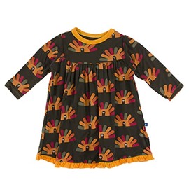 KicKee Pants Celebration Print Classic Long Sleeve Swing Dress, Bark Turkey, 3T