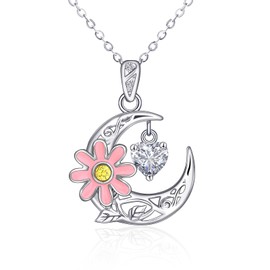 Shysnow April Daisy Necklace 925 Sterling Silver Crescent Moon Moissanite Birthstone Birth Flower Pendant Necklace for Women Dainty Floral Jewelry Gifts