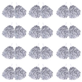 CUGBO 24Pcs Cheerleading Pom Poms, 1 Dozen Handle Metallic Foil Flower Ribbons Cheerleader Pompoms, Kids Children Ball Dance Sports Coaches Game Party Fancy (Silver)