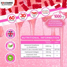 SOLVAMINS Liposomal Glutathione Gummies | 1000mg L-Glutathione with Vitamin C, Hydrolyzed Collagen & Hyaluronic Acid | Strawberry Flavour | Beauty Support | 60 Gummies