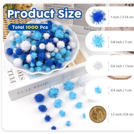 NACHLYNN 1000 Glitter Pompoms for Crafts Bulk 4 Sizes Colourful Soft Fluffy Pompoms Pompoms for Crafts Dly Decoration Activities with Storage Bag (Blue Series)