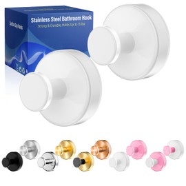 Suction Cup Hooks for Shower,Removable No Drill Towel Hooks,Upgraded 15 lbs Strong Suction Hooks for Bathroom Tile,Shower Wall,Glass Door,Kitchen-Loofah,Coat,Stainless Waterproof-White 2 Pcs