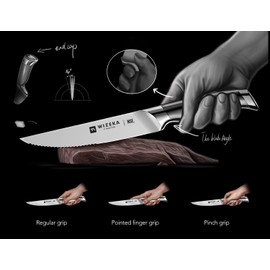 WIZEKA Steak Knives Set of 4 - German Stainless Steel - 5 Inches Serrated Straight Edge Steak Knife Set, One Piece Design Knife Set of Steak with Box, Silver Wings Series