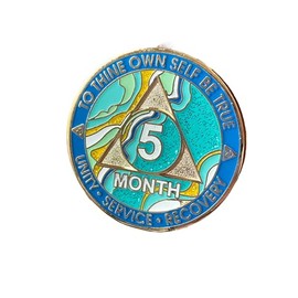 5 Month AA Medallion Elegant Marble Caribbean Aqua Glitter Sobriety Chip
