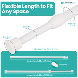 Trimming Shop 2pcs White 30cm-50cm Extendable Curtain Poles – No Drill Telescopic Tension Rods for Net Curtains, Shower Rails, Wardrobe & Cupboard – Extensible & Adjustable