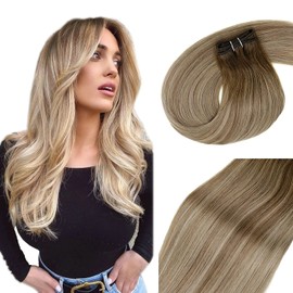 Vivien 24 inches / 60 cm Weft Extensions Real Hair Balayage Weft Extensions Real Hair Dark Brown Ombre Light Brown Mixed Light Blonde #3/8/24 Extensions Real Hair Weft, 100 g