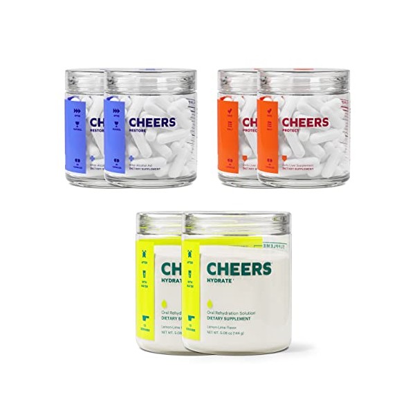 Cheers Super Combo | Restore + Protect + Hydrate | Feel Better After Drinking, Support Your Liver, & Rehydrate | DHM, L-Cysteine, Electrolytes | 24 Doses Restore & Hydrate, 60 Doses Protect