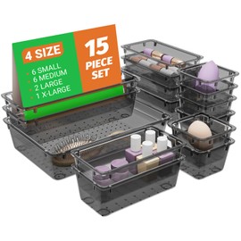 SpaceHacks 15 PCS Clear Plastic Drawer Organizer Set, 4-Size Acrylic Drawer Storage Trays, Storage Bins for Makeup, Gadgets, and Jewelry in Bathroom, Bedroom and Office, Clear Black