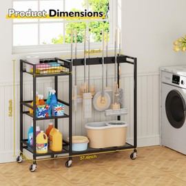 Broom Holder with Cleaning Supplies Organizer, Movable Broom Closet Storage Cabinet with Cleaning Caddy, Cleaning Cart with Mop Rack, Janitorial Housekeeping Cart on Wheels, Laundry Room Organization