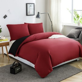 AYSW Brushed Microfibre Bed Linen, 1 Duvet Cover (135 x 200 cm) + 1 Pillowcase (80 x 80 cm), with Zip, Burgundy Red/Black