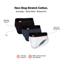 SAXX Underwear Co. Men's Underwear with Pouch Non-Stop Stretch Cotton Brief Fly 3Pk, Black/Deep Navy/White, XX-Large