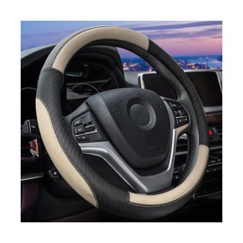 JNNJ Steering Wheel Cover Car, Steering Wheel Cover Leather 37-38cm, Sport Anti-Slip Breathable Steering Wheel Cover, Comfortable Protective Interior Accessories for Women Men(Black/Beige)
