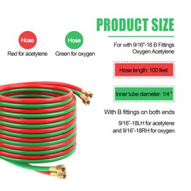 Oxygen Acetylene Hose 100FT 1/4-Inch with 9/16"-18 B Fittings Welding Cutting Torch Twin Hose Grade R for Welding and Cutting Equipment Torch Hose