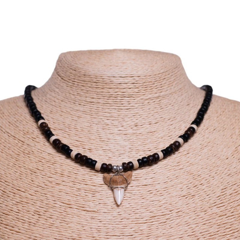 BlueRica Shark Tooth on Black Coconut Shell Beads Necklace (18"