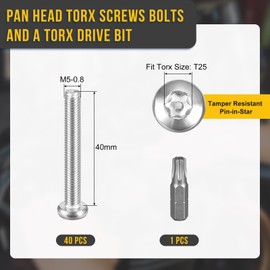 DTGN M5x40mm Pan Head Torx Security Screws - 40Pack - Good for Machinery - 304 Stainless Steel Tamper Proof Fasteners & a Torx Driver Bit - Silver Tone