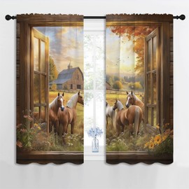 Western Horse Boy Girls Blackout Curtains,Country Barn Farm Wildlife Animal Rustic Sunset Scenery, 2 Panel Rod Pocket Thermal Insulated Drapes for Bedroom, Living, Kids Teen Room Deco 42x45 inch