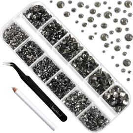 Beadsland 2500 Pieces Anthracite Rhinestones, Flatback Gems Round Crystal Rhinestones for Crafts Mixed 8 Sizes SS4 ~ SS30 with Picking Tweezers and Pen (Anthracite)