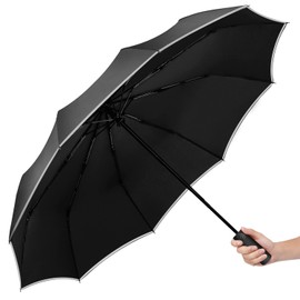 Yaneno Windproof Travel Reverse Folding Umbrella Compact Light Automatic Open Close Button Strong and Portable Reflective Safety Strip Resistant Wind Umbrella for Rain (Black)