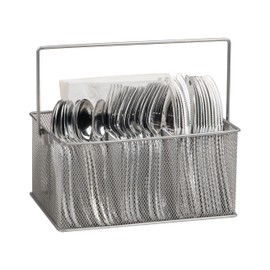 Mind Reader Network Collection, 4-Compartment Utensil or Supply Caddy with Handle, Countertop or Desktop Organizer, Metal Mesh, 10" L x 7" W x 4.75" H, Silver