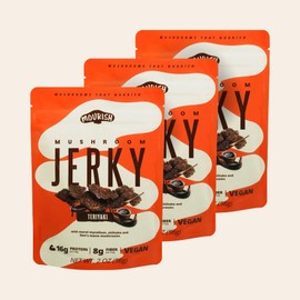 Mourish Vegan Mushroom Jerky, Teriyaki Flavor, 3 Pack (2 oz), Good Source of Protein and Fiber, Plant Based Meat, Meatless Healthy Snacks for Hiking, Camping, Work, Travel & School