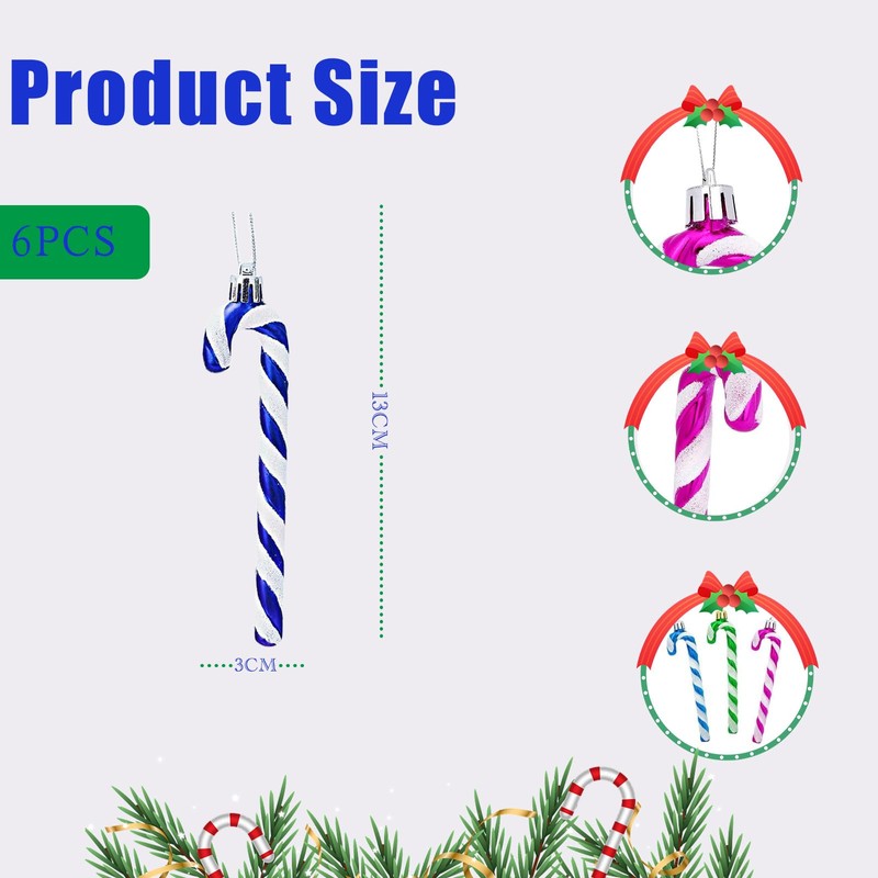 6pcs Deep Blue White Candy Cane Christmas Decorations,13cm Glitter Candy