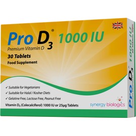 Pro D3 1000 IU Tablets | Premium Vitamin D3 | 30 Tablets | Gelatine Free, Lactose Free, Dairy Free, Nut Free | Suitable for Vegetarians, Halal & Kosher Diets | Made in The UK