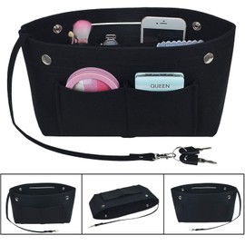 JSY-UP Felt Handbag Organiser Insert, Bag Organiser Insert Handbag, Women Tote Purse Organiser with Handles Keychain, Black/Small