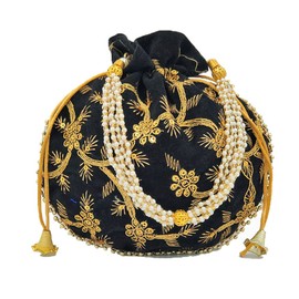 Pack of 1 Handmade Women's Velvet Embroidered Potli Purse Bag Pouch Drawstring Bag Indian Potli Handbag, Black