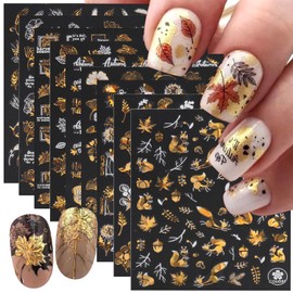 9 Sheets Fall Nail Art Stickers Maple Leaf Nail Decals Flower Tree Nail Design Decals 3D Self-Adhesive Glitter Gold Nail Stickers Thanksgiving Holiday Nail Art Decoration for Women Manicure Tips