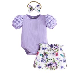 Newborn Infant Baby Girl Summer Clothes Ribbed Short Sleeve Romper Floral Shorts Headband 3Pcs Outfits Set 0-18 Months(Purple,3-6M)