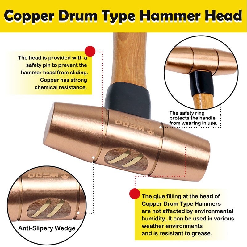 WEDO Copper Sledge Hammer 2lb,Solid Copper Mallet Hammer,Wooden Handle,Length 320mm,Die-Forged,