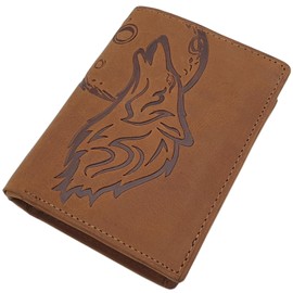 myledershop Genuine Buffalo Full Leather Wallet / Purse / Wallet in Portrait or Landscape Format with Wolf Motif and RFID & NFC Protection, Model 2 / Landscape / Black, Modern