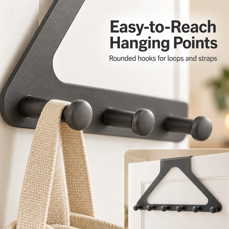 Over-the-Door Hook Rack - 6 Aluminum Hooks for Coats, Hats,