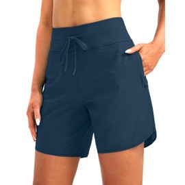 G Gradual - Pantalones cortos de natación de cintura alta para mujer, de 7 pulgadas, de secado rápido, con bolsillos con cierre, UPF 50+, pantalones cortos de playa para mujer con forro, Azul,