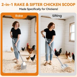 Chicken Poop Scooper: 2-in-1 Rake & Sifter - Silver Chicken Coop Scooper for Sand with Adjustable Stainless Steel Handle (35-59") for Small Spaces - Chicken Coop Accessories